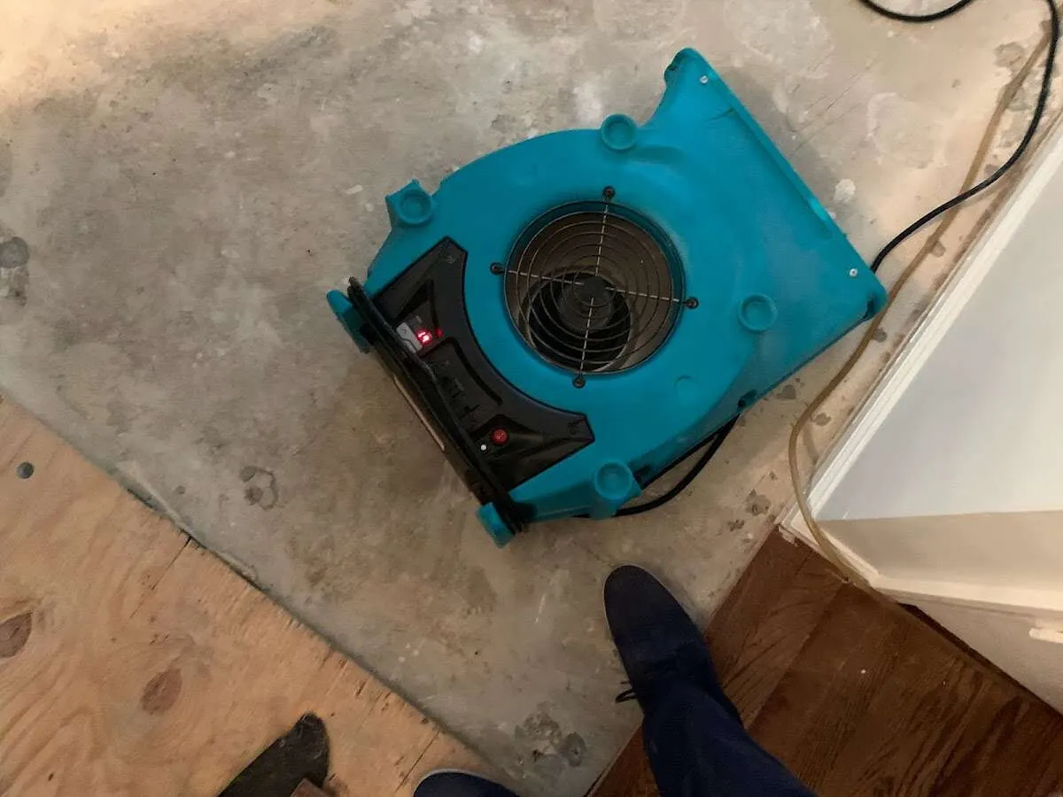 Air mover drying subfloor during Leak Detection & Repair in University